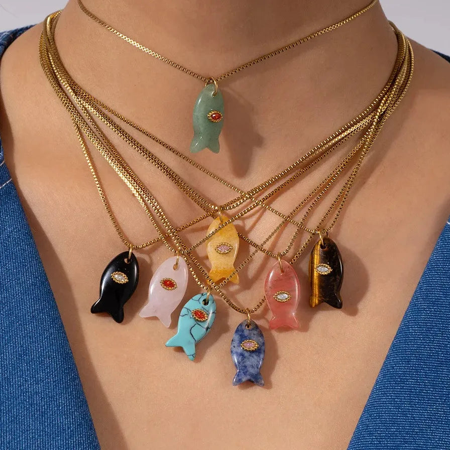18K Gold Plated Stainless Steel Fish Pendant Necklace Opal Zircon Evil Eye Gift