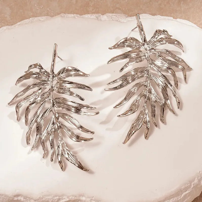 Vintage Large Leaf Drop Earrings for Women Gold Silver Plant Jewelry