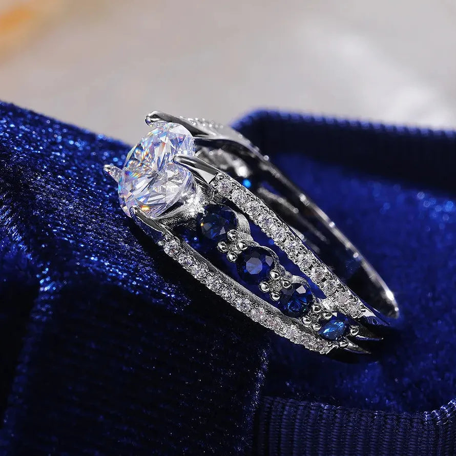 Sapphire Blue Zircon Hollow Out Ring for Women Zinc Alloy Engagement Jewelry