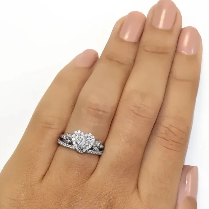2Pcs Heart Rings Set Cubic Zirconia Brass Promise Wedding Jewelry for Women
