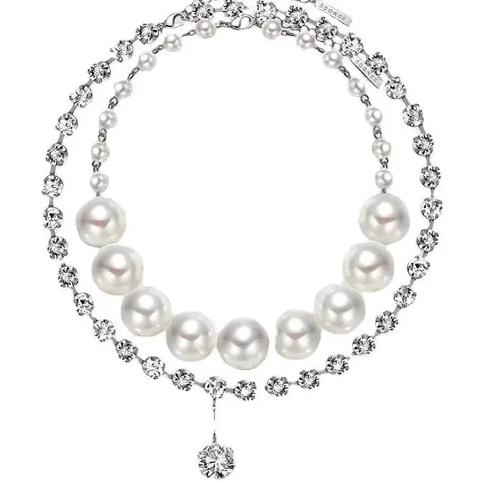 Double-Layer Punk Imitation Pearl Necklace Featuring Zircon Geometric Pendant for Men Women