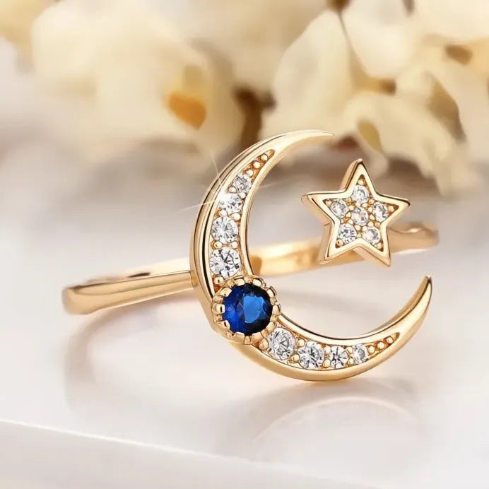 Adjustable Star and Moon Brass Ring with Cubic Zirconia for Women