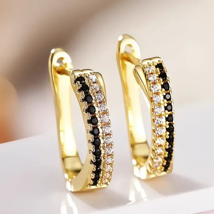 Gold Geometric Hoop Earrings for Women with White & Black Cubic Zirconia