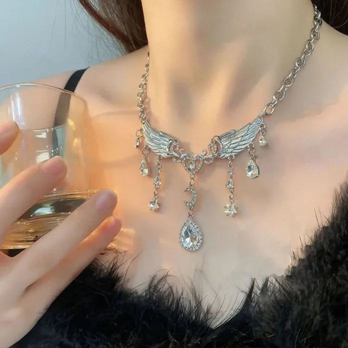Silver Crystal Wing Moon Pendant Necklace for Women Zinc Alloy Jewelry