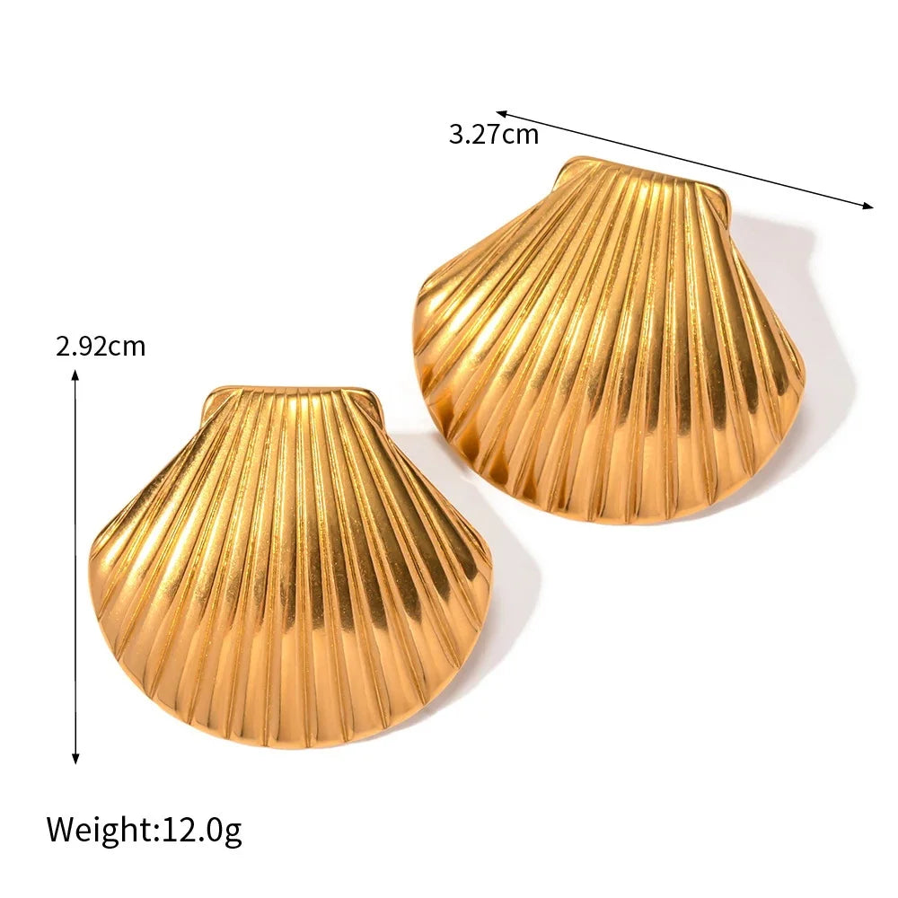 18K Gold Plated Stainless Steel Waterproof Ribbed Large Shell Stud Earrings