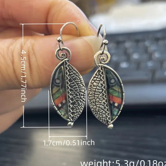 Bohemian Green Leaf Drop Earrings for Women Vintage Silver Zinc Alloy
