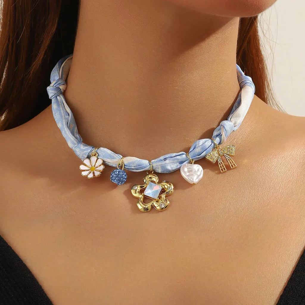 Copper Alloy Multicolored Knot Scarf Necklace Featuring Crystal Daisy Bowknot Heart Star Charms Choker for Women Autumn