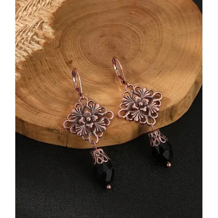 Vintage Silver Zinc Alloy Black Stone Geometric Hollow Flower Earrings for Women