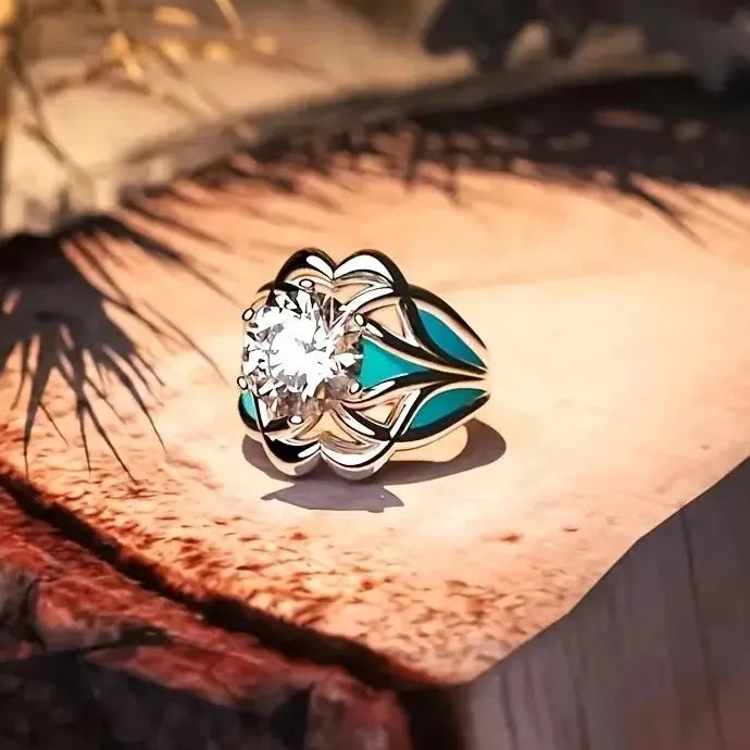 Luxury Zinc Alloy Metal Flower Hollow Ring with Round Crystal Zircon for Women