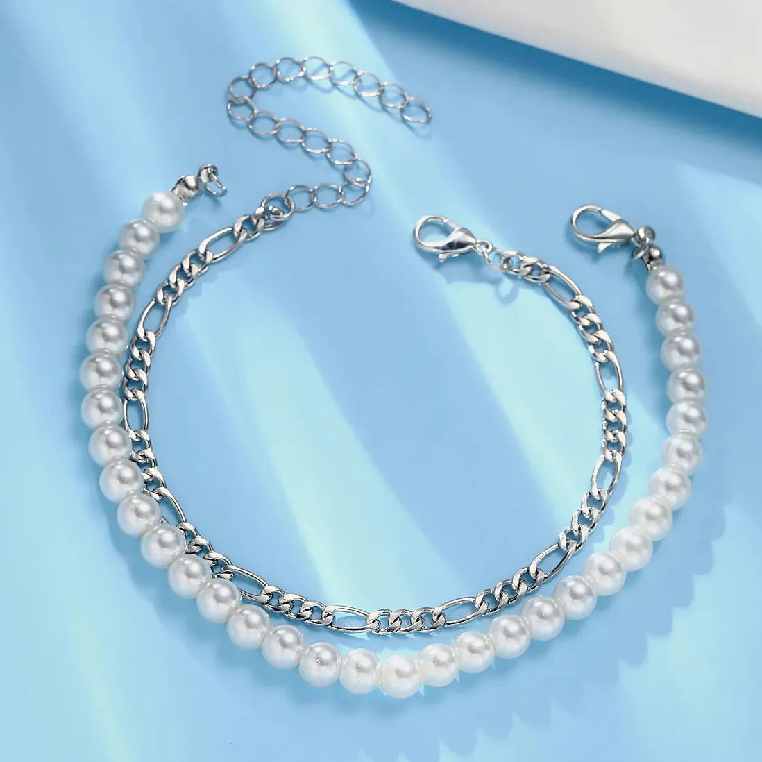 Handmade Classic Figaro Imitation Pearl Chain Bracelet for Women Jewelry Gift