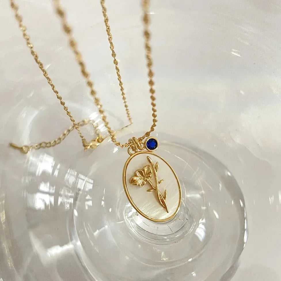 12 Month Birthday Flower Pendant Necklace Stainless Steel White Shell Choker Jewelry