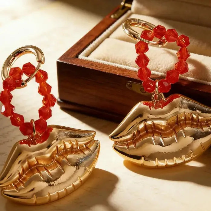Large Red Beaded Lip Drop Earrings for Women Bold Statement Jewelry