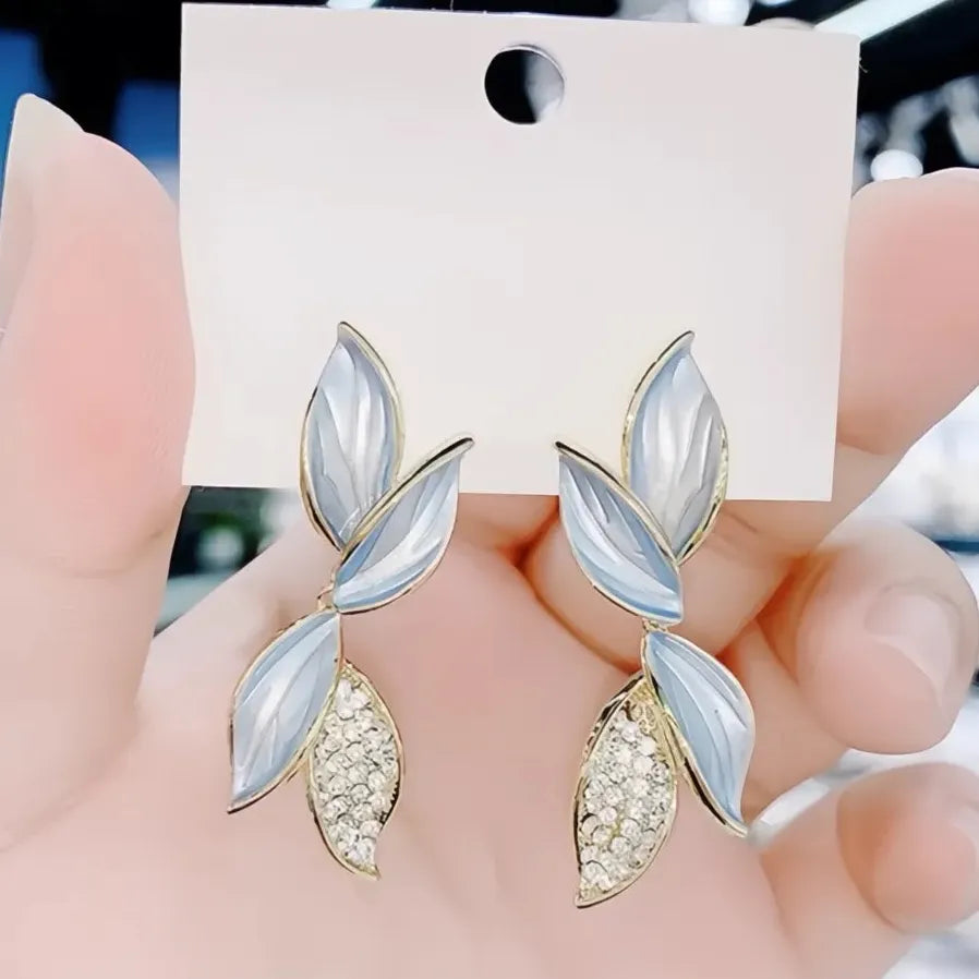 Korean White Leaf Gold Geometric Drop Earrings with Cubic Zirconia