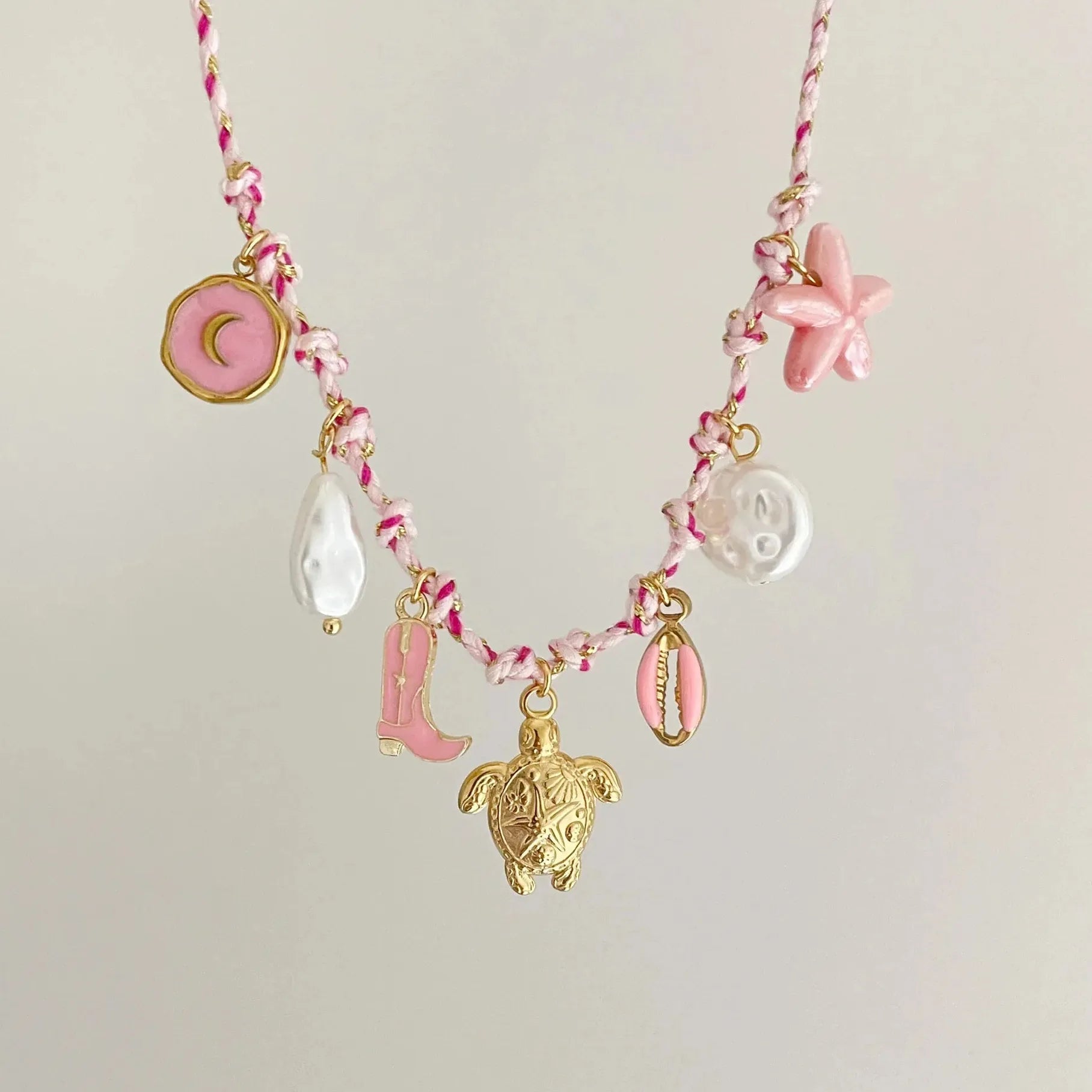 Stainless Steel Gold-Plated Starfish Turtle Knotting Rope Pendant Necklace
