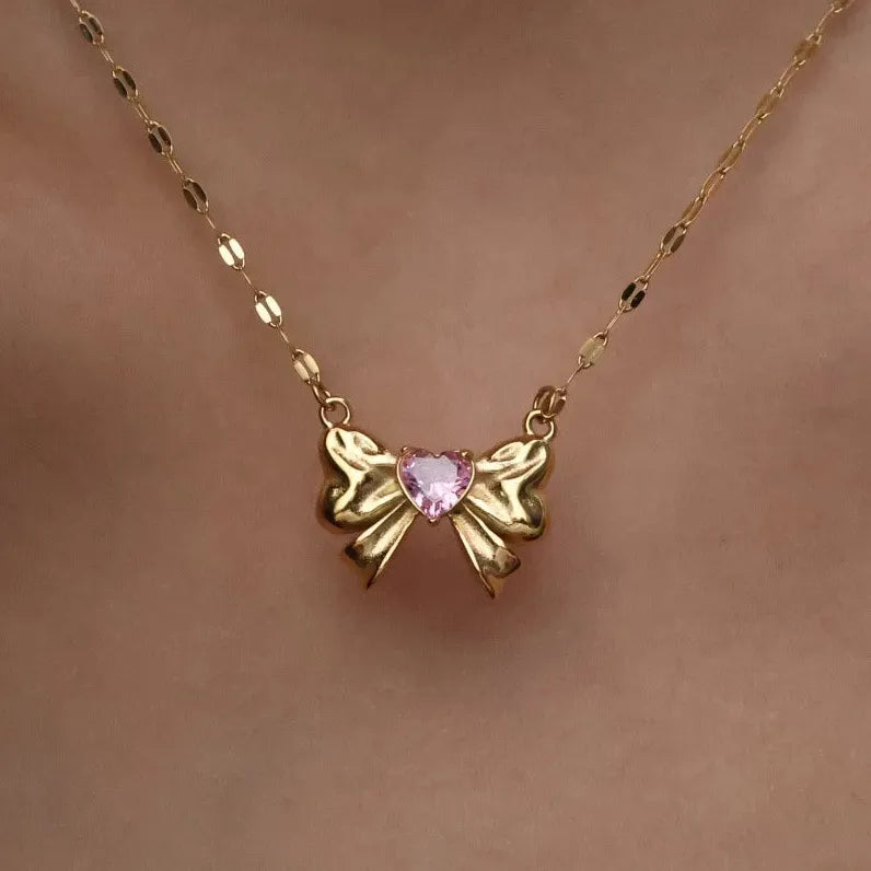 18K Gold Plated Stainless Steel Bow Necklace Women Multicolor Heart Zircon Gift Jewelry