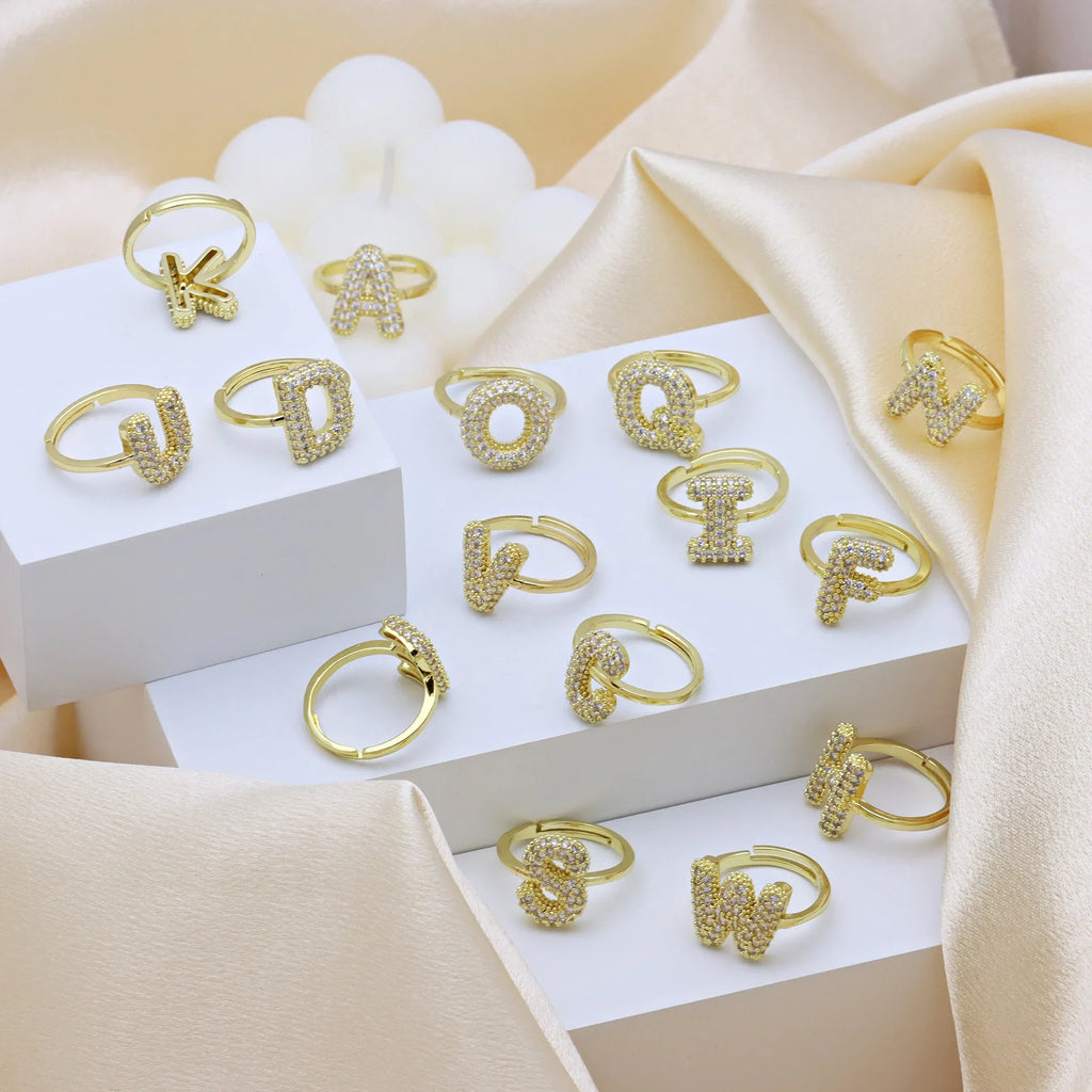 18K Gold Plated CZ Zircon A-Z Initial Letter Adjustable Chunky Ring for Women