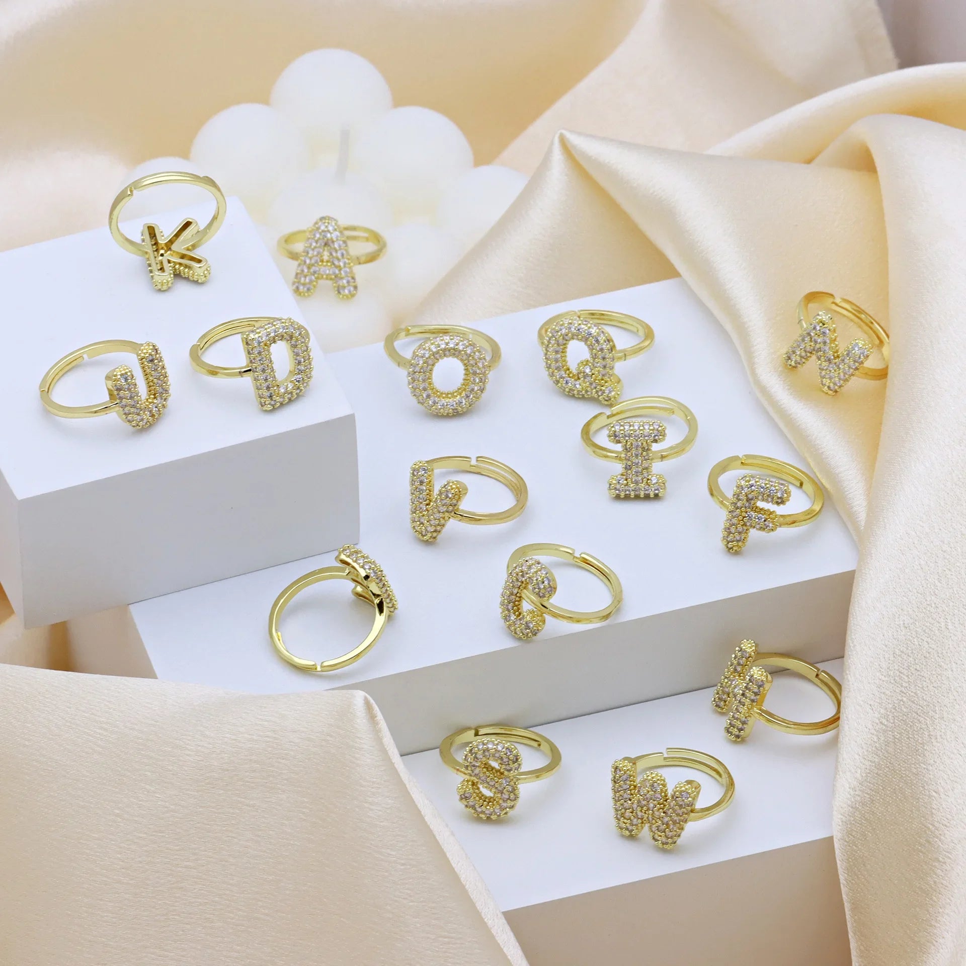 18K Gold Plated CZ Zircon A-Z Initial Letter Adjustable Chunky Ring for Women
