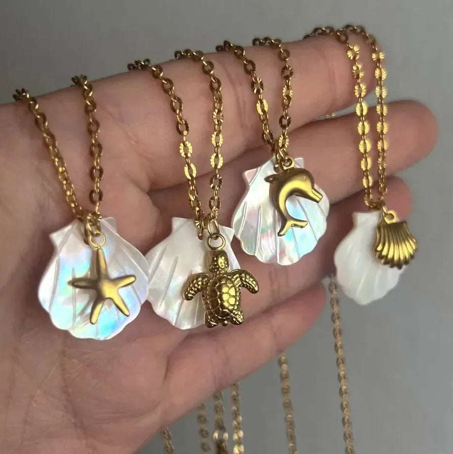 Boho White Shell Pendant Necklace Gold Stainless Steel Sea Turtle Star Choker