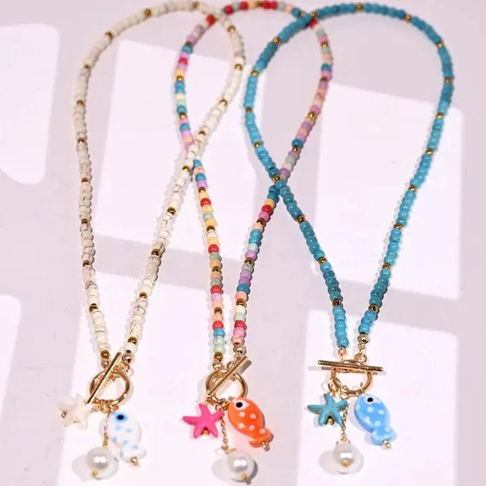 Ceramic Fish Pendant Necklace for Women Girls Bohemian Colorful Beaded Chain Jewelry