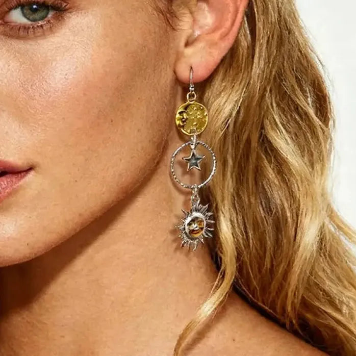 Vintage Asymmetric Sun Moon Tassel Dangle Earrings for Women Stylish Jewelry