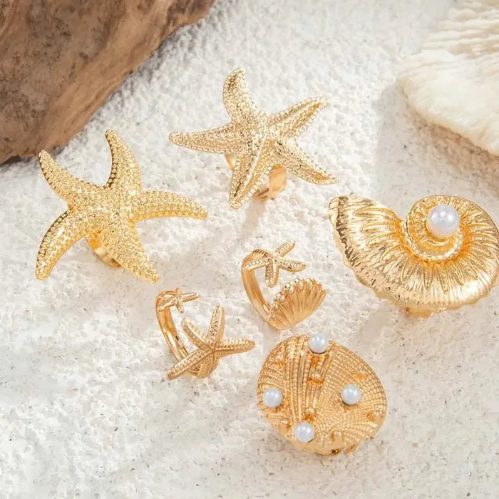 6Pcs Vintage Gold Starfish Pearl Knuckle Rings Set for Women Jewelry