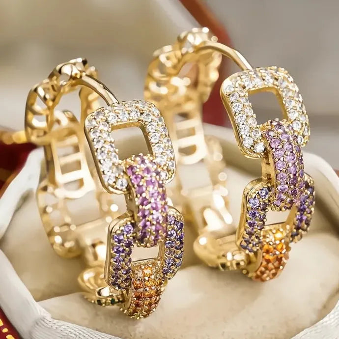 Geometric Chain Link Women Hoop Earrings Multi-Color CZ Copper Alloy