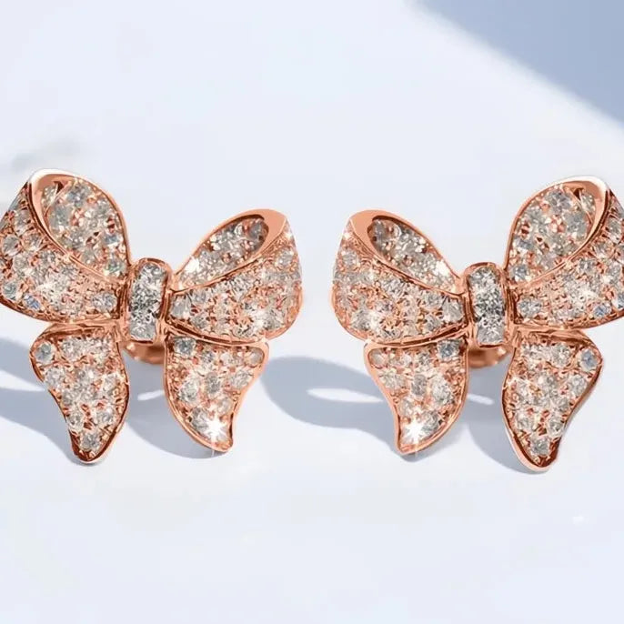 Romantic Bowknot Women Stud Earrings Cubic Zirconia Crystal Delicate Fashion Jewelry