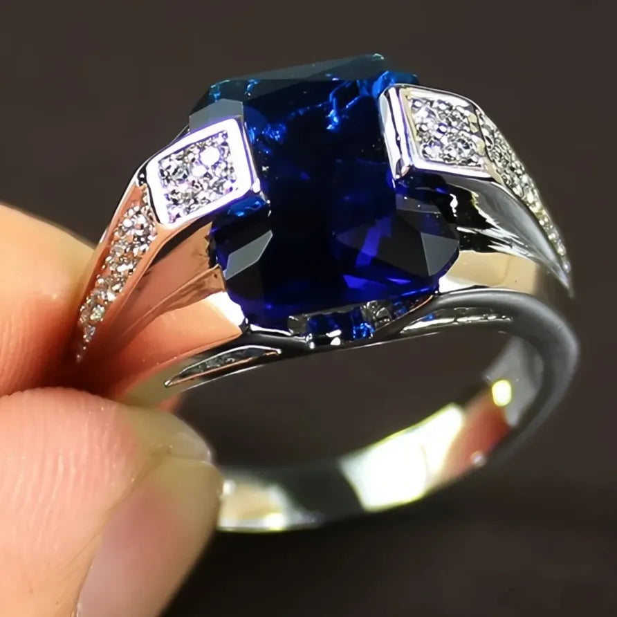 Deep Blue Geometric Cubic Zirconia Cocktail Ring for Women Silver Tone