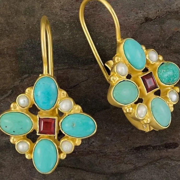 Ethnic Style Imitation Turquoise Drop Earrings Vintage Gold Color Jewelry Gift