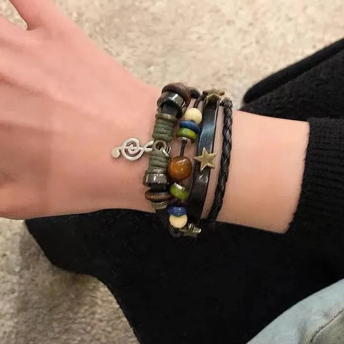 Handmade Brown Leather Hippie Bracelet Women Metal Star Note Charms Wrap Adjustable Boho