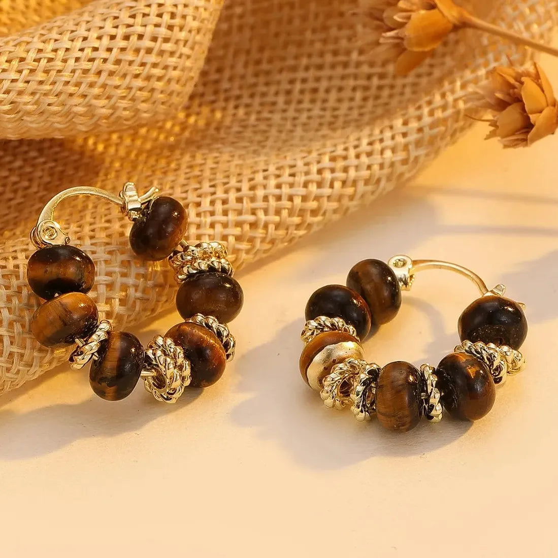 Vintage Tiger's Eye Stone Round U-Shaped Hoop Earrings for Women Jewelry