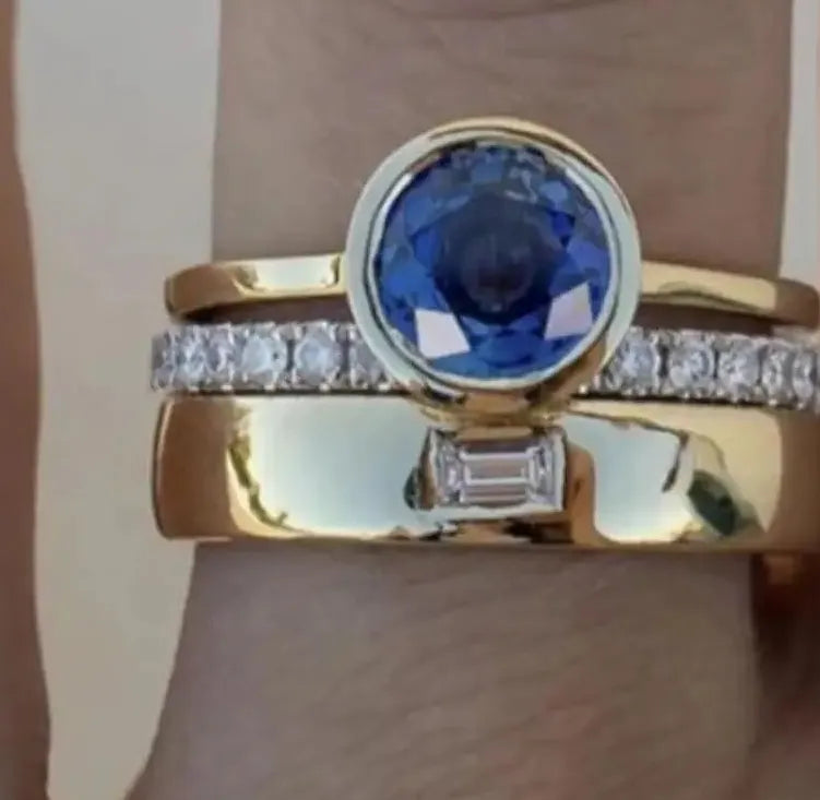 Geometric Gold Color Round Zircon Rings Set for Women Engagement Wedding Jewelry