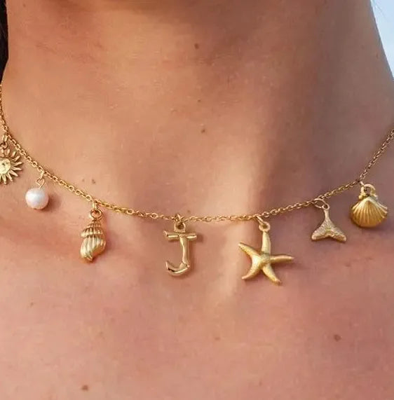 Copper Surfer Girl Seashell Initial Choker Necklace Beach Jewelry Gift