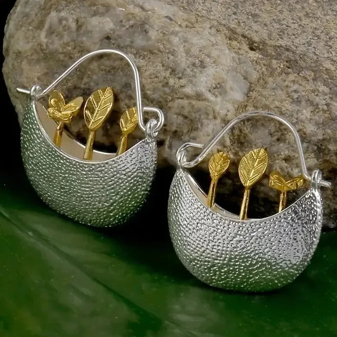 Vintage Silvery Zinc Alloy Flower Pot & Butterfly Drop Hoop Earrings Women