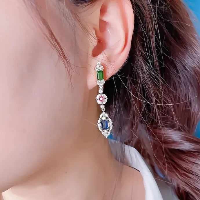 Women Geometric Drop Earrings Brass CZ Red Green Blue Sparkling Jewelry