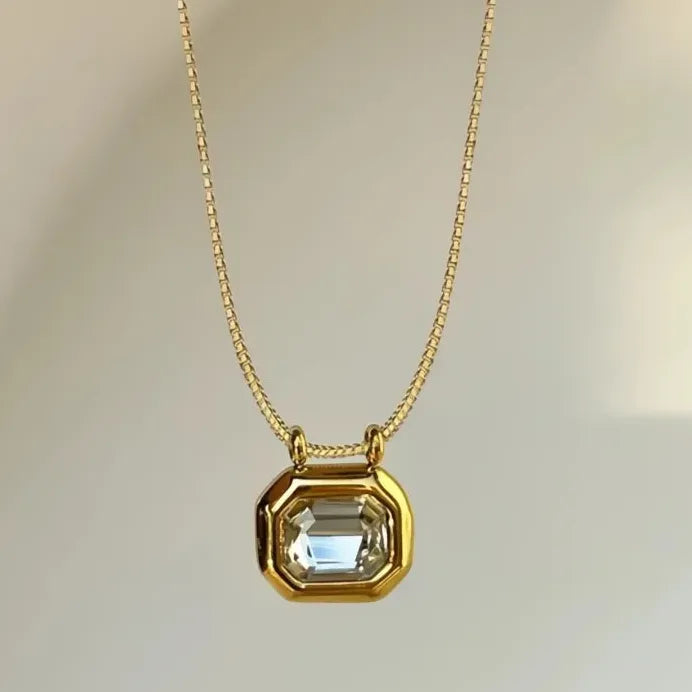 Elegant Geometric CZ Crystal Pendant Necklace for Women Wedding Jewelry Gold Tone
