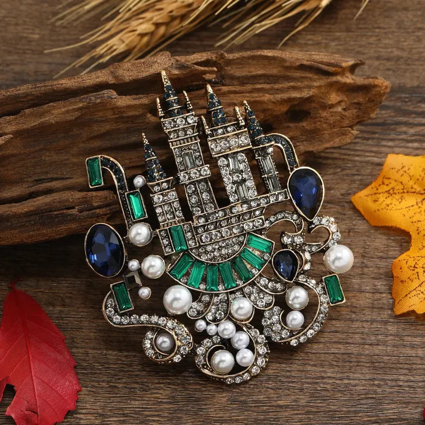 Vintage Pink Castle Palace Crystal Rhinestone Brooch Pin for Women
