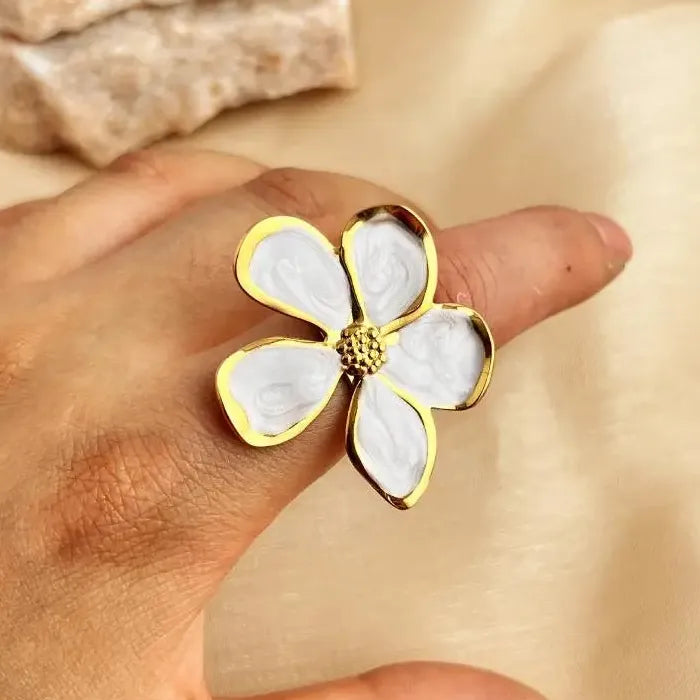 Vintage Stainless Steel Big Bloom Flower Cocktail Ring Black White Drip Oil