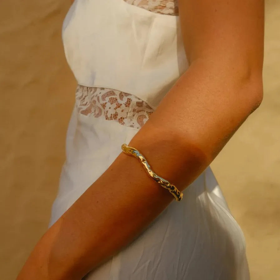 18K Gold Plated Stainless Steel Geometric Ripple Twist Open Cuff Bracelet Women