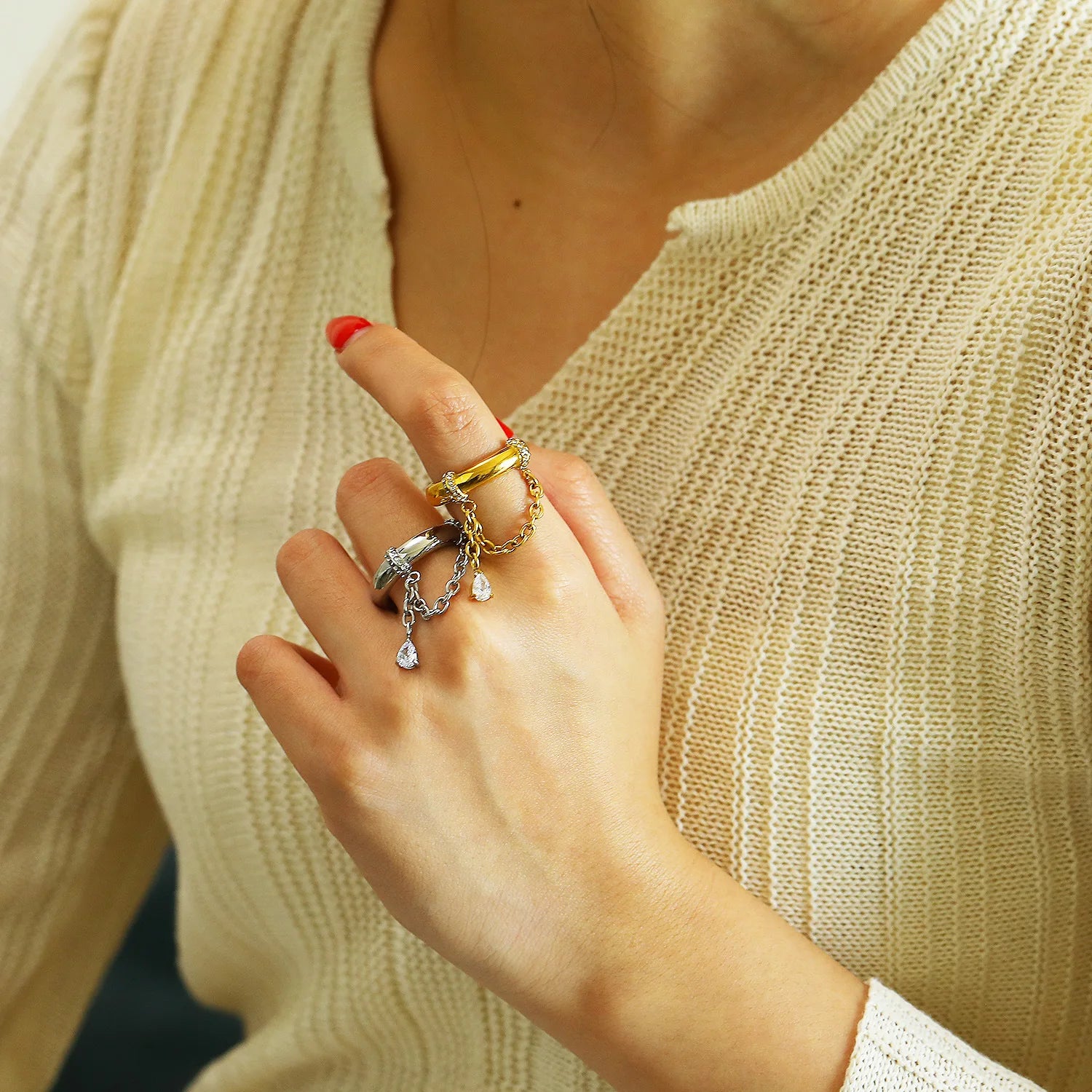 18K Gold Plated Stainless Steel CZ Chain Link Ring Women Waterproof Retro Jewelry