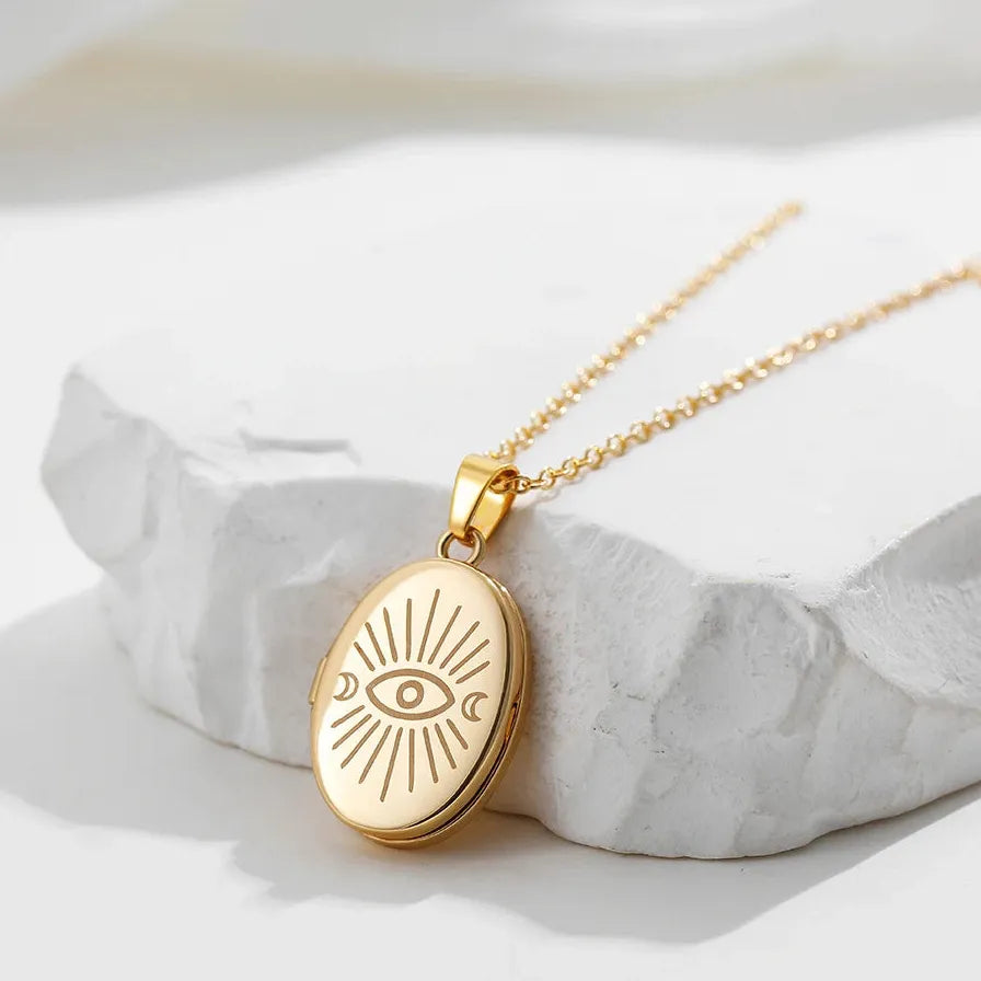 Vintage Gold Moon Evil Eye Photo Frame Locket Pendant Necklace Stainless Steel Jewelry