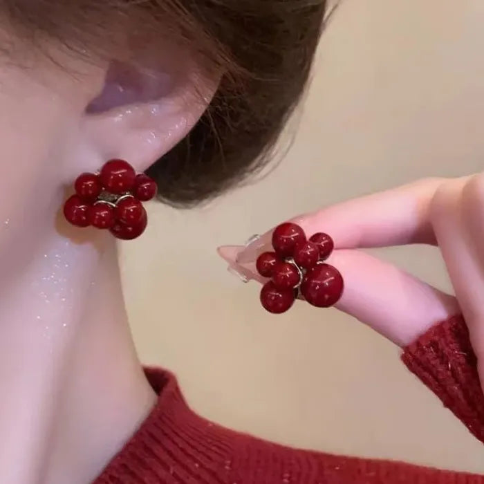 Red Beads Geometric Flower Stud Earrings Zinc Alloy Gift for Women Girls