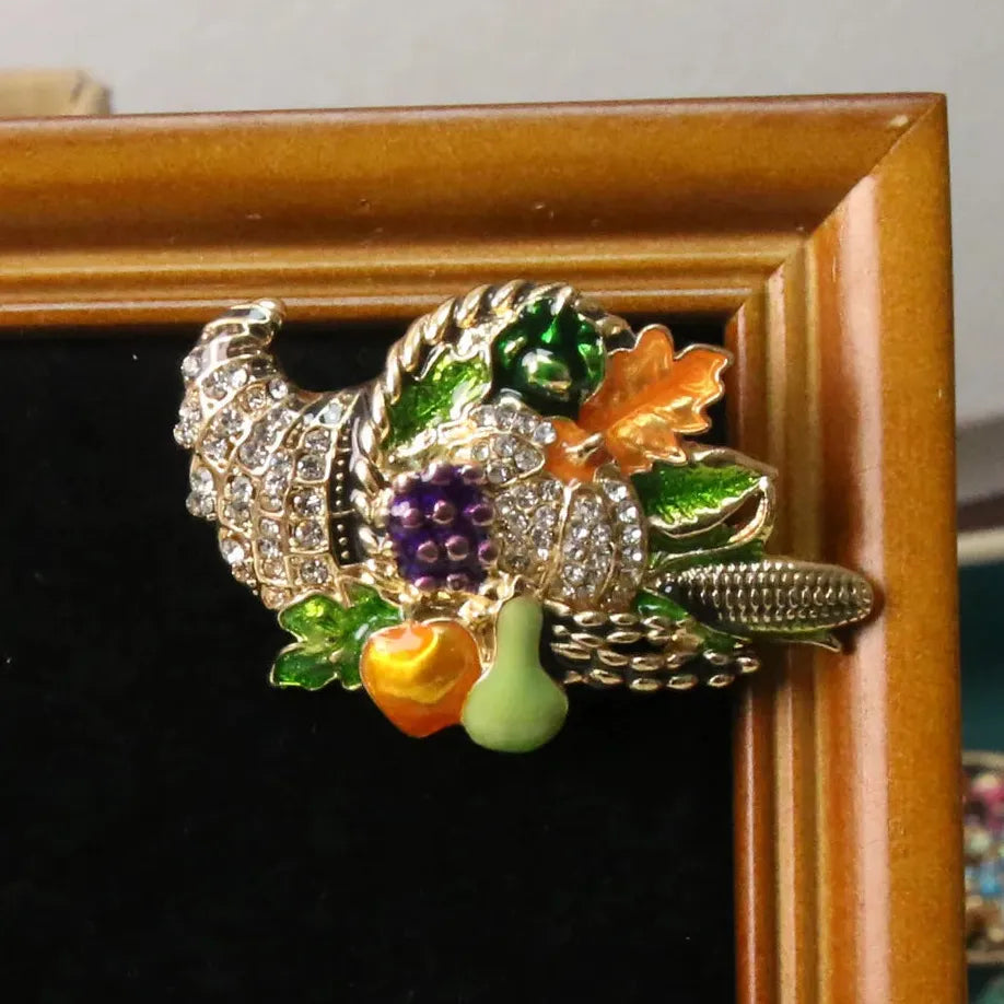 Vintage Harvest Fruit & Vegetable Basket Brooch Unisex Accessory