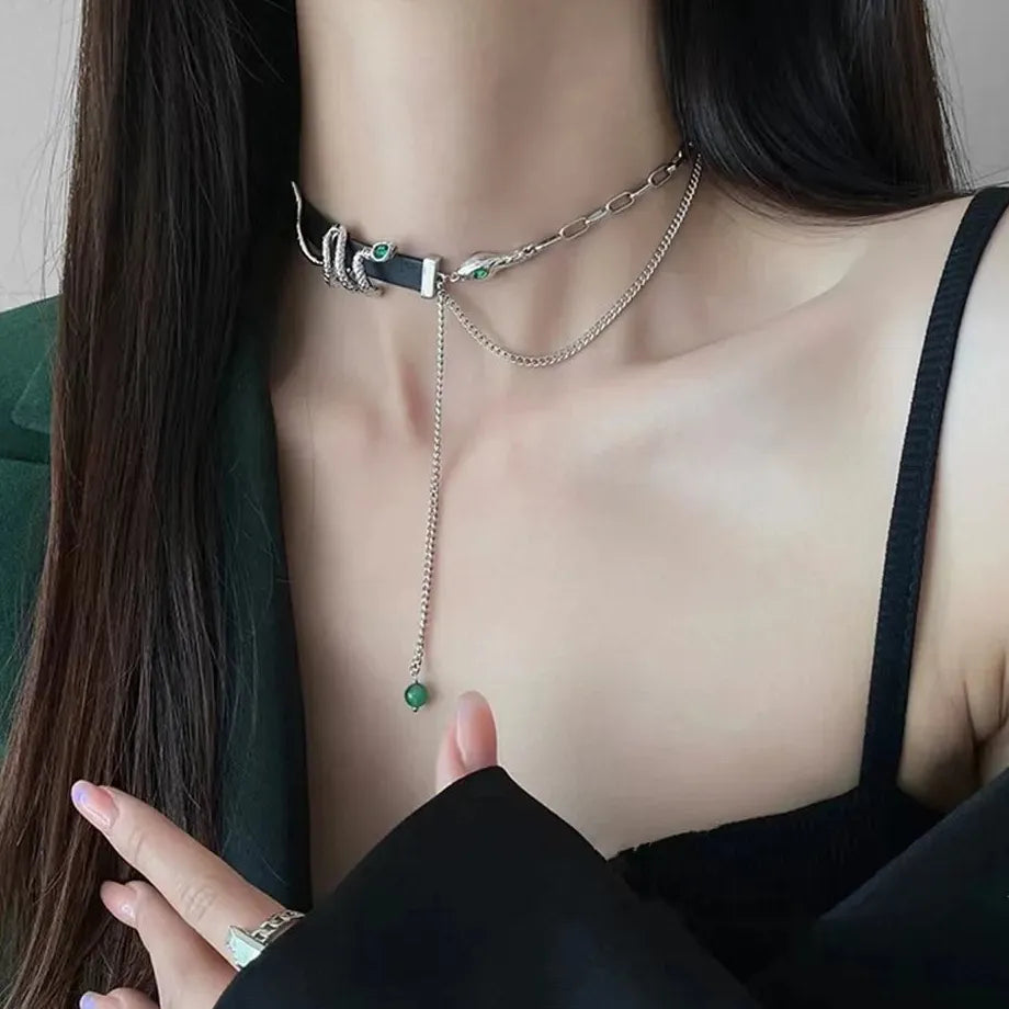 2026 Star Rhinestone Tassel Leather Choker Necklace Black Beads Y2K
