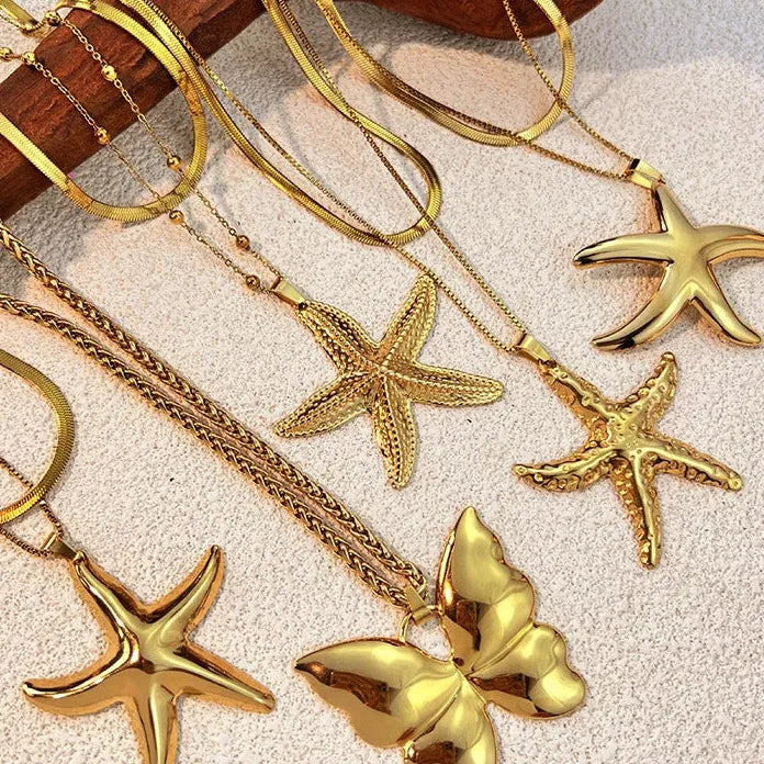 Retro Starfish Butterfly Pendants Polished Metal PVD Hypoallergenic Snake Chain Necklace