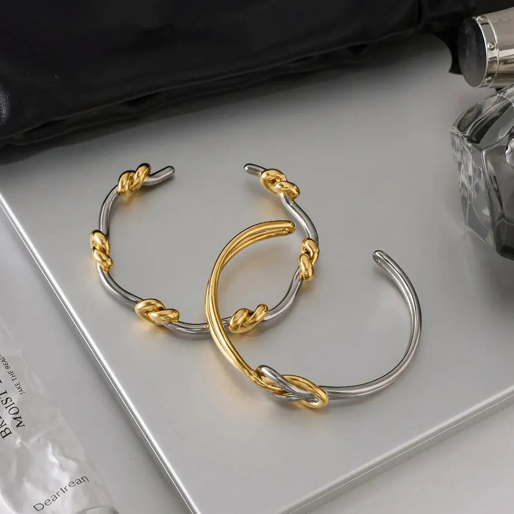 French Style Two-tone Knot Geometric Stainless Steel Cuff Bracelet Women