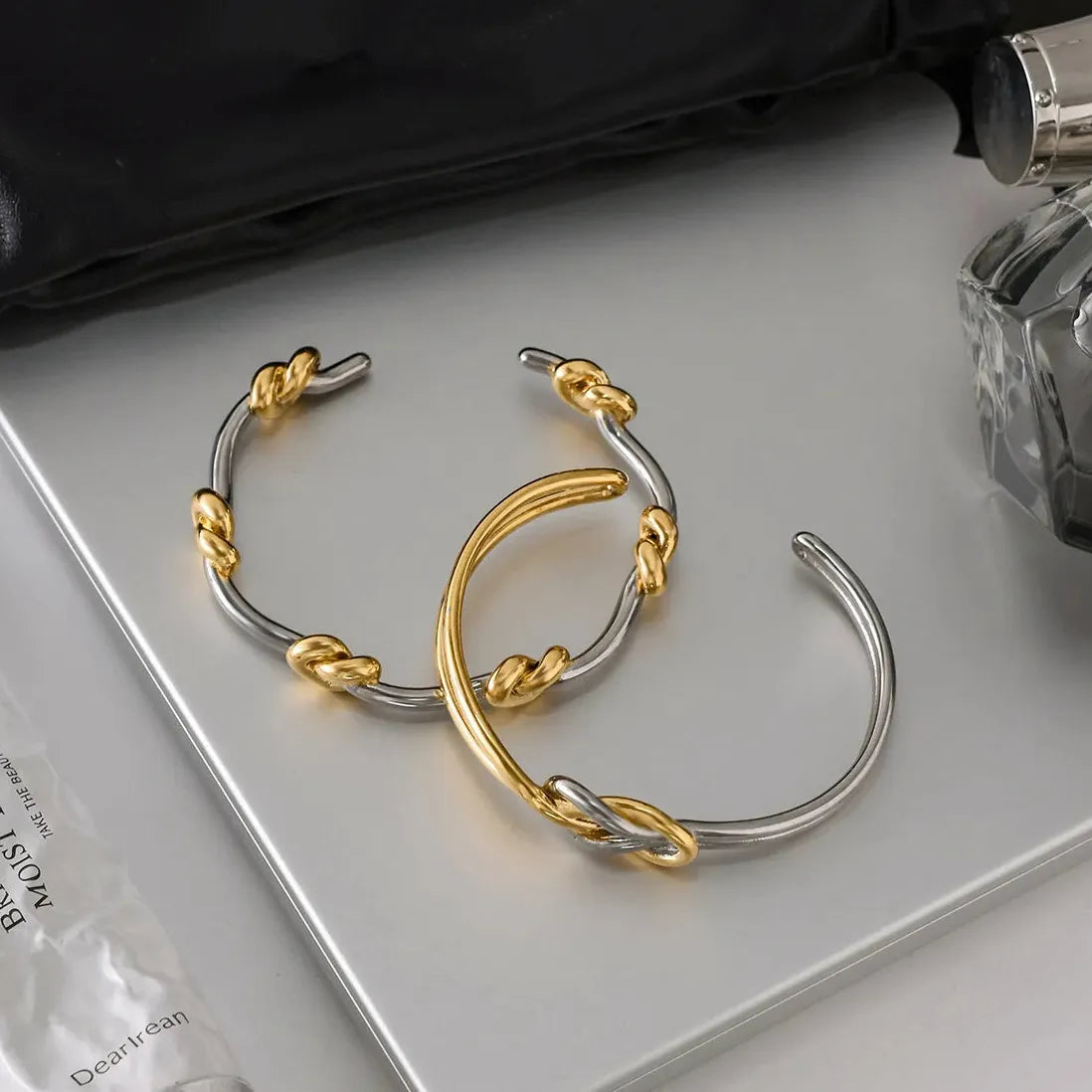 French Style Two-tone Knot Geometric Stainless Steel Cuff Bracelet Women