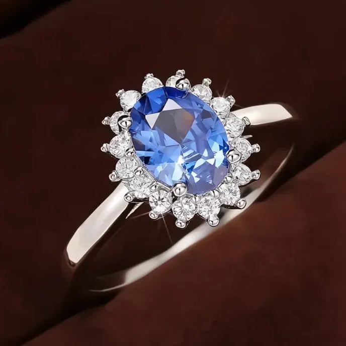 Aesthetic Sunflower Design Brass Ring with Blue Cubic Zirconia Women’s Wedding Anniversary Jewelry