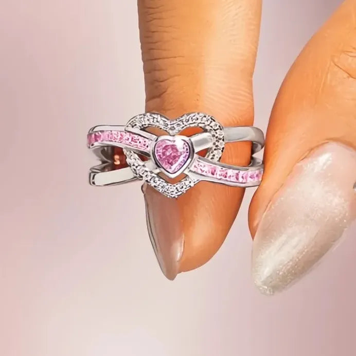 Romantic Pink Heart Cubic Zirconia Wedding Band Ring for Women Gift