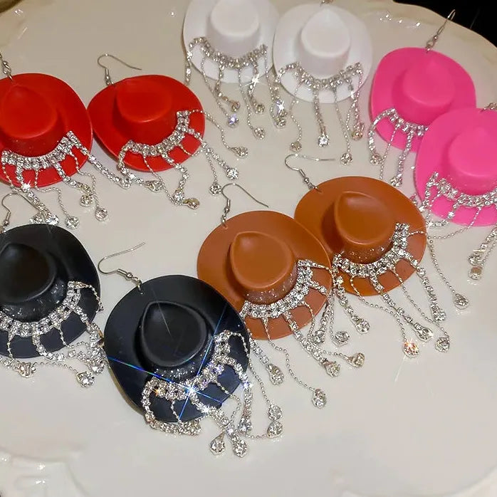 Cowboy Hat Tassel Earrings Women Copper Alloy Rhinestone Drop Y2K Jewelry
